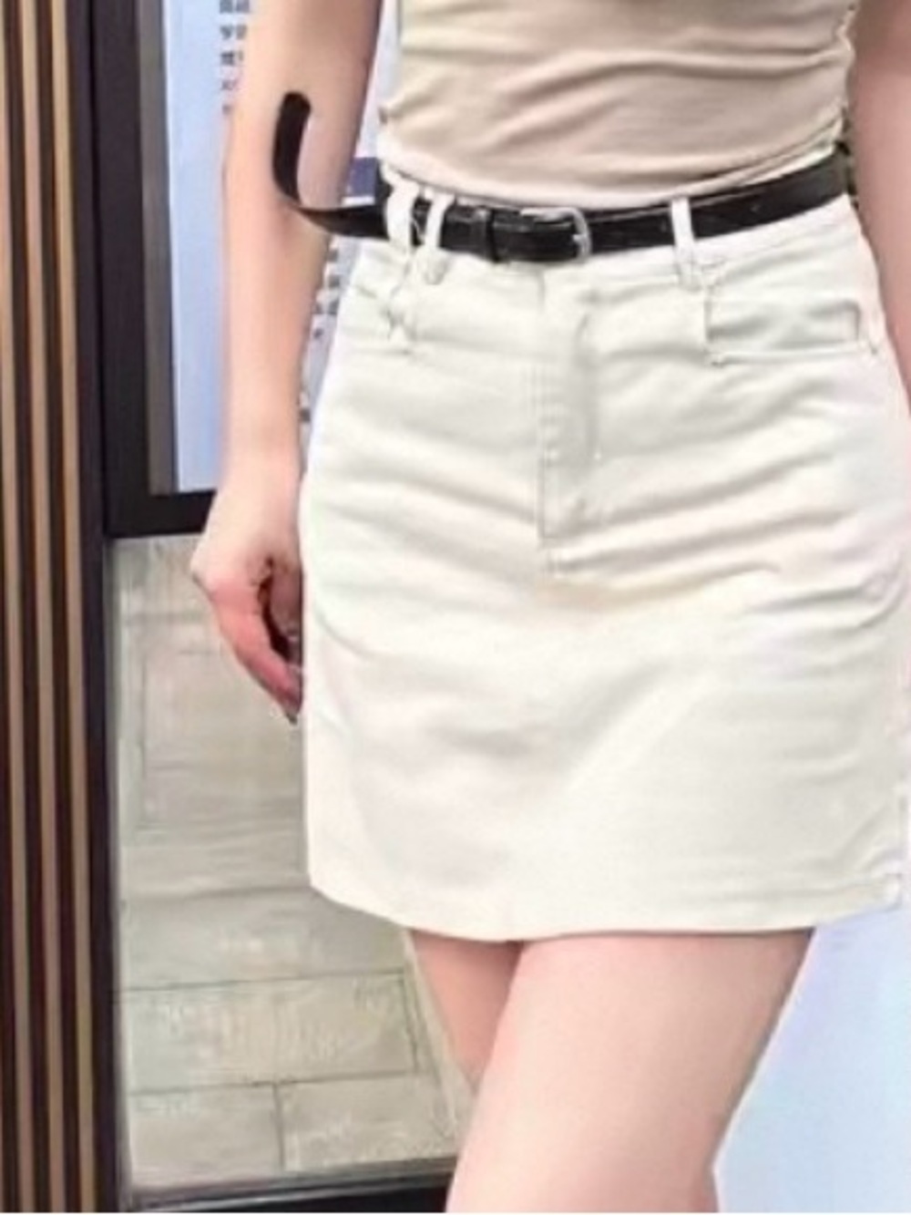 White Denim Mini Skirt with Black Belt